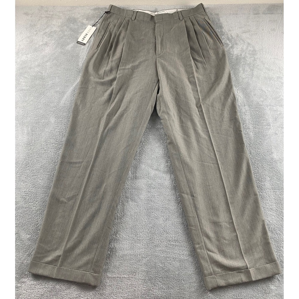 John Henry Mens Grey Pleated Dress Pants 36x32 Ultra Touch Cuffed Trousers NEW